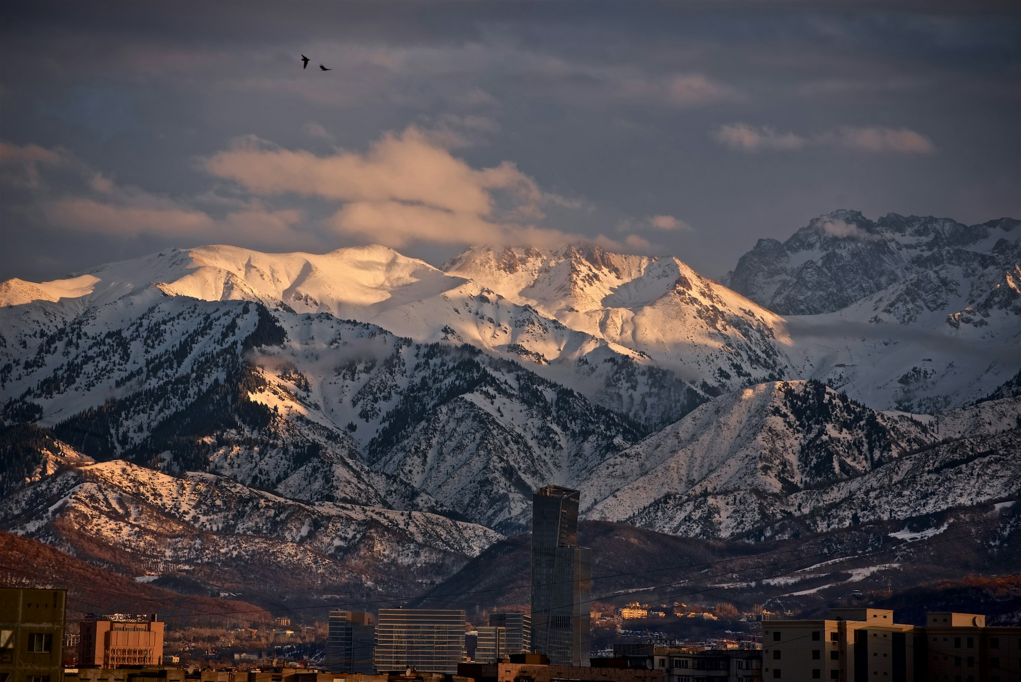 Evening Almaty city at the foot of the snowy mountain peaks